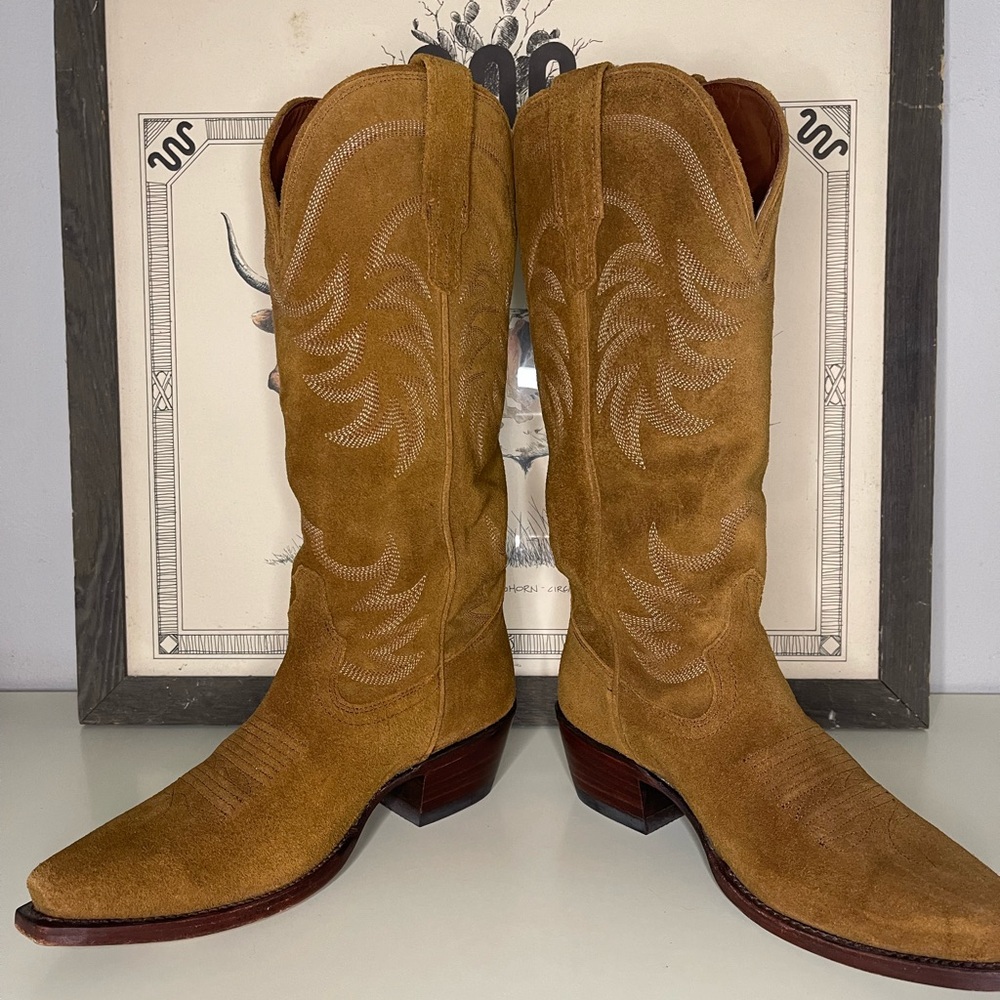 Tecovas Suede Western Heeled Boots in Tan - Picture 3 of 7